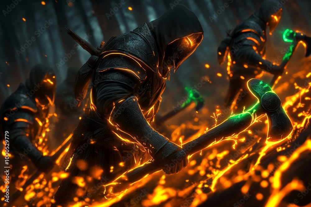 Fantasy lumberjacks harvesting enchanted wood, with magical axes cutting down glowing trees that regrow almost instantly Fantasy lumberjacks harvesting enchanted wood, with magical axes cutting down glowing trees that regrow almost instantly