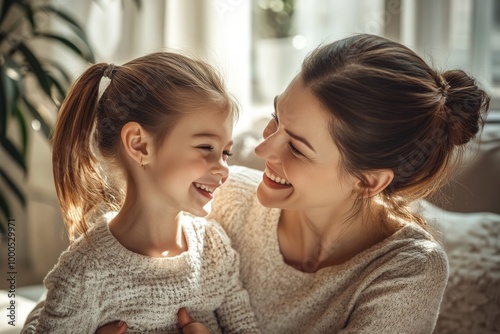 High-resolution brightly lit photorealistic candid photograph of a joyful mother and daughter sharing smiles in a cozy, sun-drenched living room. The image has a light, bright, and happy vibe, styled