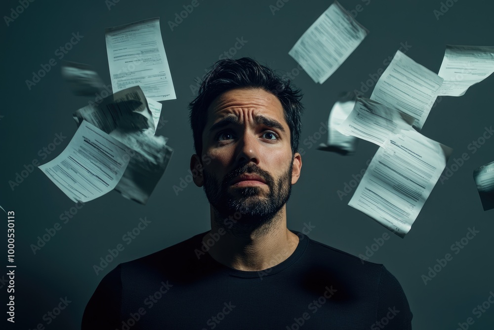 A portrait of a man with visible worry on his face, surrounded by polished invoices against a solid grey backdrop. The anxiety is highlighted by professional color grading in a 16k resolution