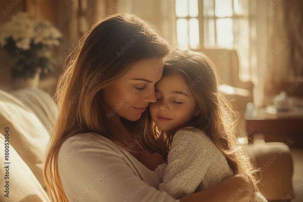 High-resolution brightly lit photorealistic candid photograph of a mother and daughter bonding together in a warm, inviting living room. The image is styled like a high-end lifestyle magazine, with a High-resolution brightly lit photorealistic candid photograph of a mother and daughter bonding together in a warm, inviting living room. The image is styled like a high-end lifestyle magazine, with a