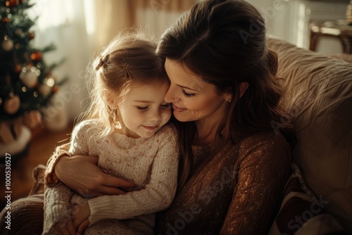 High-resolution brightly lit photorealistic candid photograph of a mother and daughter bonding together in a warm, inviting living room. The photograph has a light and bright feel, styled like a