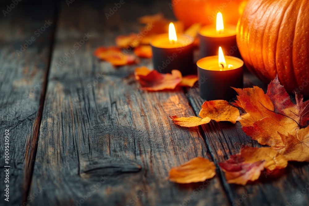 Three small black candles and pumpkins surrounded by autumn leaves on a rustic wooden surface blending cozy fall vibes with eerie Halloween lighting for a warm holiday display Three small black candles and pumpkins surrounded by autumn leaves on a rustic wooden surface blending cozy fall vibes with eerie Halloween lighting for a warm holiday display