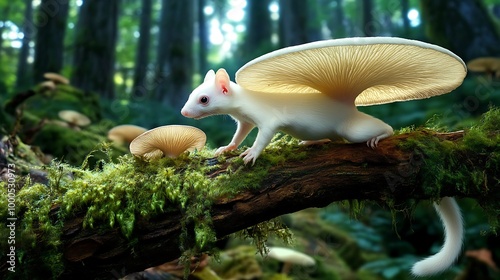 White Squirrel with Mushroom Wings in Forest photo