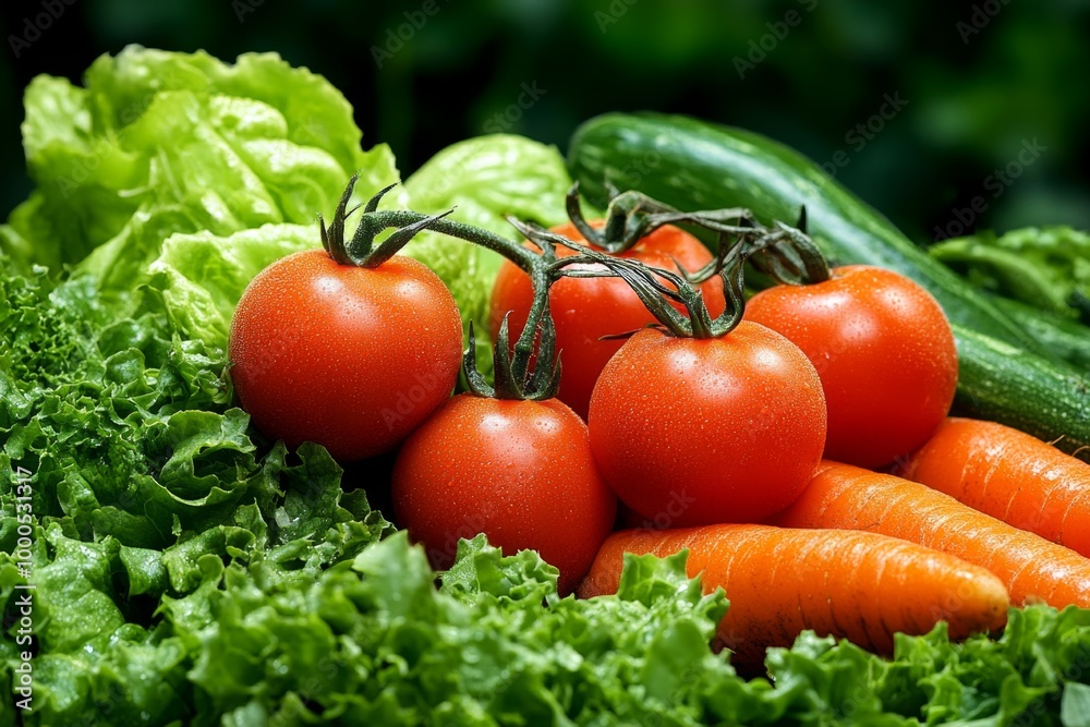 Hyper-detailed organic vegetable display, showing every texture of carrots, tomatoes, and lettuce, with natural lighting and shadows Hyper-detailed organic vegetable display, showing every texture of carrots, tomatoes, and lettuce, with natural lighting and shadows