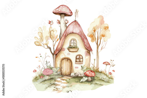 Watercolor Mushroom House, Mushroom House Vector, Editable Watercolor Art, Fantasy House Art, Fairy Tale Illustration, Mushroom Cottage, Whimsical Watercolor, Vector Watercolor Painting, Hand Painted 