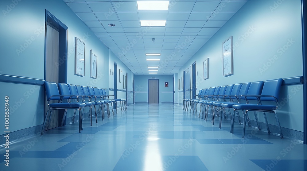 Empty Hospital Hallway with Blue Chairs and a Door at the End Empty Hospital Hallway with Blue Chairs and a Door at the End