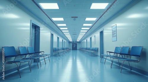 Empty Hospital Waiting Room Hallway with Chairs and Fluorescent Lights