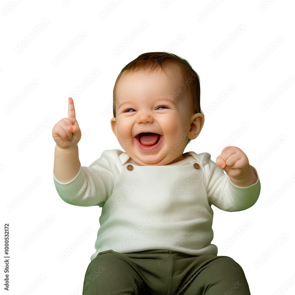 Joyful Baby Gesture: Seated Infant Smiling and Holding Up Hand in Wonder Joyful Baby Gesture: Seated Infant Smiling and Holding Up Hand in Wonder