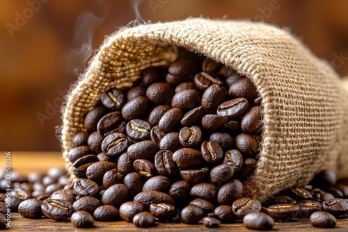 Organic coffee beans in a burlap sack, with the rich aroma rising from the freshly roasted beans, placed on a wooden counter