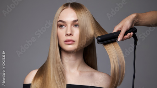 A woman with long blonde hair is getting her hair straightened. A stylist is holding a flat iron