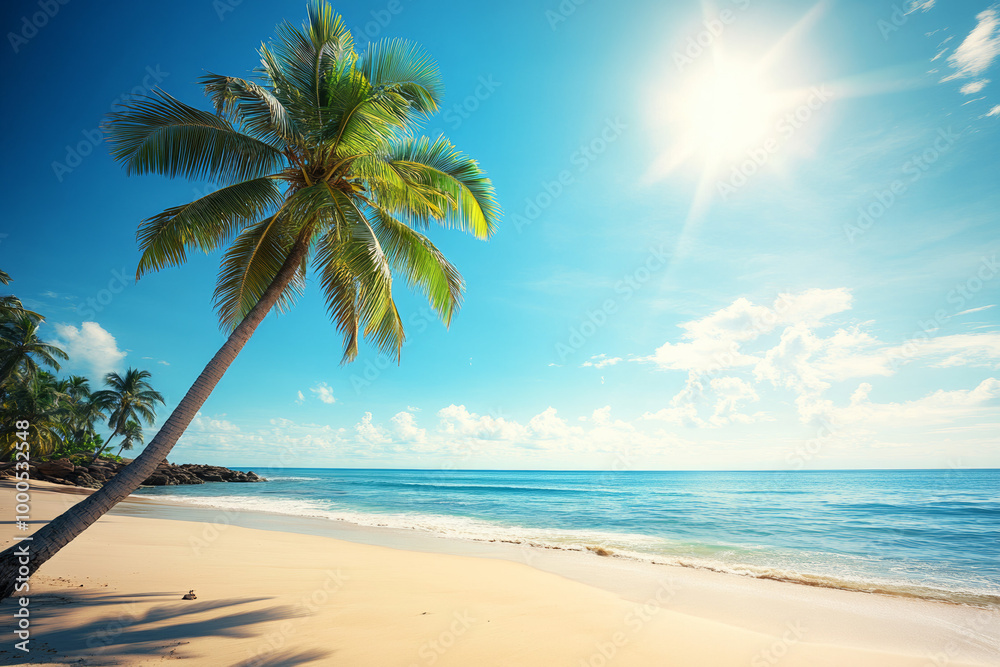 Sunny beach with palm trees under clear blue sky, calm waters and sandy shore, capturing the beauty of summer in an exotic tropical location with a lone coconut tree swaying in the breeze. Sunny beach with palm trees under clear blue sky, calm waters and sandy shore, capturing the beauty of summer in an exotic tropical location with a lone coconut tree swaying in the breeze.