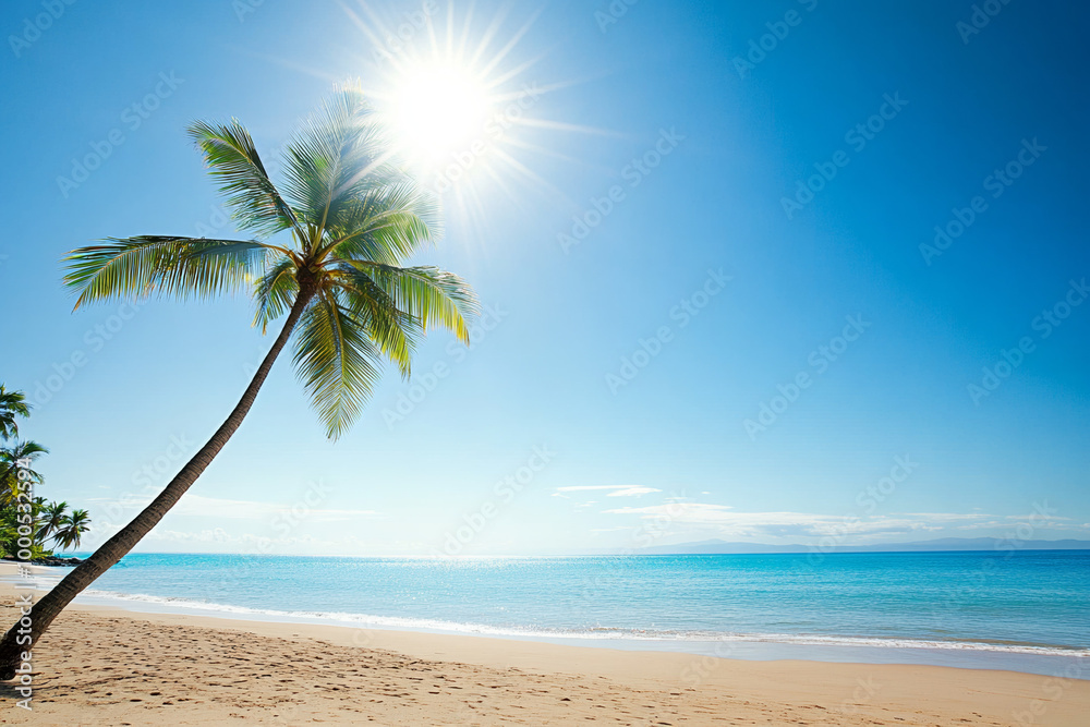 Sunny beach with palm trees under clear blue sky, calm waters and sandy shore, capturing the beauty of summer in an exotic tropical location with a lone coconut tree swaying in the breeze. Sunny beach with palm trees under clear blue sky, calm waters and sandy shore, capturing the beauty of summer in an exotic tropical location with a lone coconut tree swaying in the breeze.