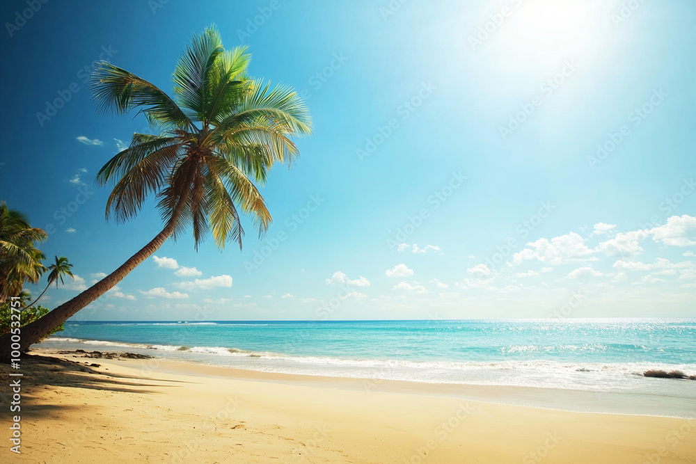 Sunny beach with palm trees under clear blue sky, calm waters and sandy shore, capturing the beauty of summer in an exotic tropical location with a lone coconut tree swaying in the breeze. Sunny beach with palm trees under clear blue sky, calm waters and sandy shore, capturing the beauty of summer in an exotic tropical location with a lone coconut tree swaying in the breeze.