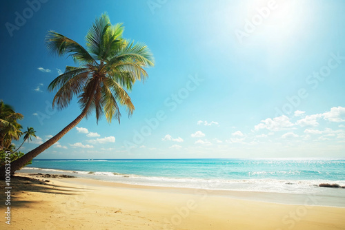Sunny beach with palm trees under clear blue sky, calm waters and sandy shore, capturing the beauty of summer in an exotic tropical location with a lone coconut tree swaying in the breeze.