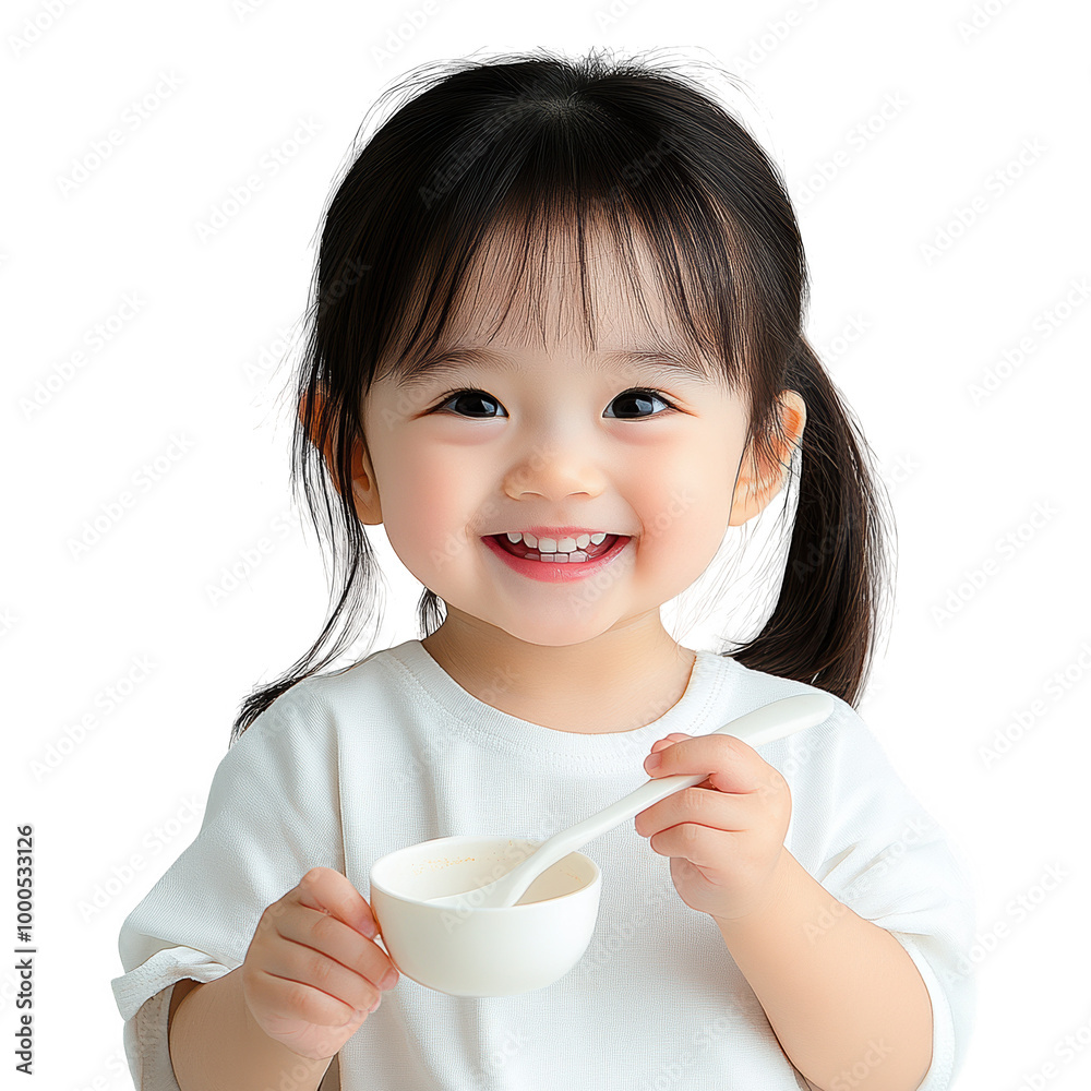 Happy Young Girl Tasting or Enjoying Food with White Spoon Happy Young Girl Tasting or Enjoying Food with White Spoon