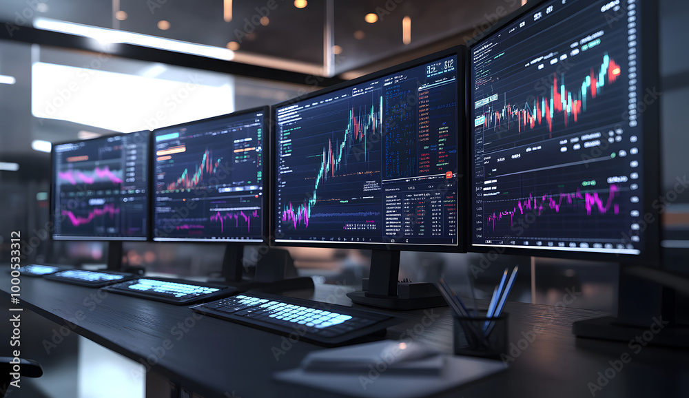 Stock Market Trading Setup with Multiple Monitors in Modern Office Design Stock Market Trading Setup with Multiple Monitors in Modern Office Design