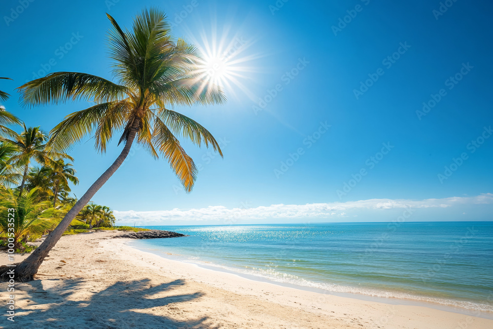 Sunny beach with palm trees under clear blue sky, calm waters and sandy shore, capturing the beauty of summer in an exotic tropical location with a lone coconut tree swaying in the breeze. Sunny beach with palm trees under clear blue sky, calm waters and sandy shore, capturing the beauty of summer in an exotic tropical location with a lone coconut tree swaying in the breeze.
