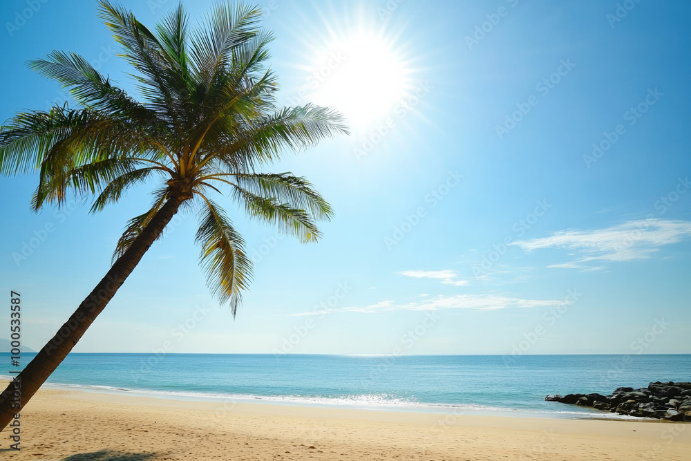 Sunny beach with palm trees under clear blue sky, calm waters and sandy shore, capturing the beauty of summer in an exotic tropical location with a lone coconut tree swaying in the breeze. Sunny beach with palm trees under clear blue sky, calm waters and sandy shore, capturing the beauty of summer in an exotic tropical location with a lone coconut tree swaying in the breeze.