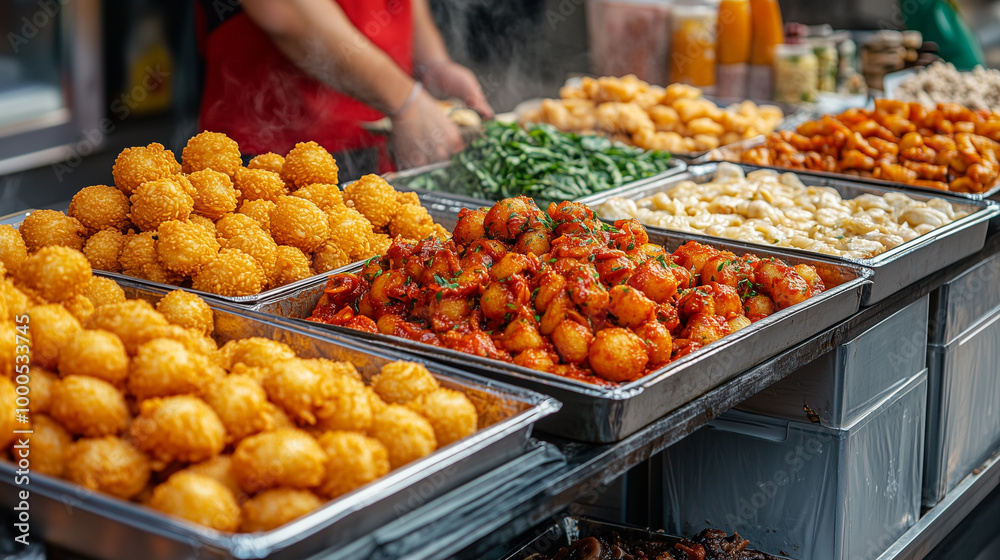 A traditional Sicilian market scene with street food vendors serving arancini and other local specialties