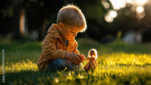 Young Boy Playing with Doll Outdoors, Sunlit Grass and Childhood Imagination