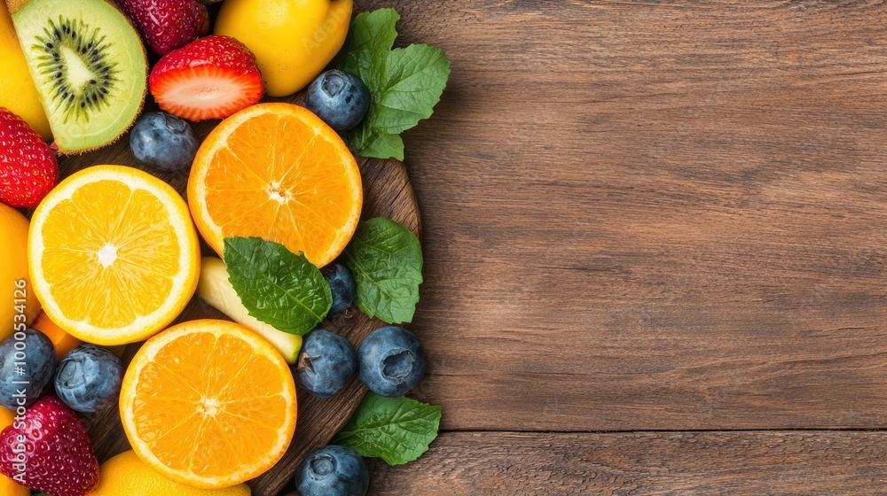 Fresh Fruit Platter with Oranges Strawberries Kiwi and Blueberries on Rustic Wood Fresh Fruit Platter with Oranges Strawberries Kiwi and Blueberries on Rustic Wood