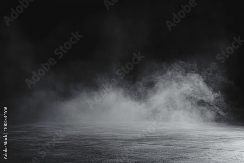 Moody abstract background of an empty dark room with smoke and fog on concrete floor, offering ample copy space for product presentations in a wide banner format.