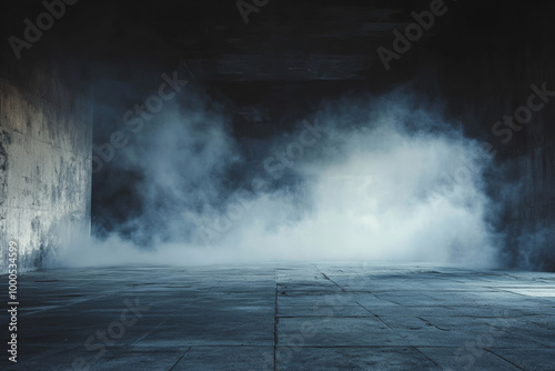 Moody abstract background of an empty dark room with smoke and fog on concrete floor, offering ample copy space for product presentations in a wide banner format.