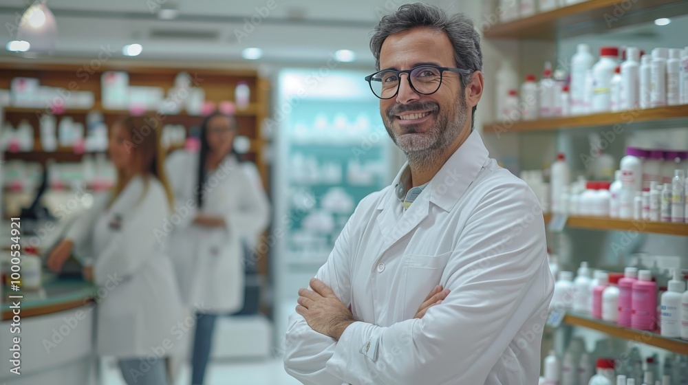 A man in a white lab coat stands in front of a pharmacy with other people A man in a white lab coat stands in front of a pharmacy with other people