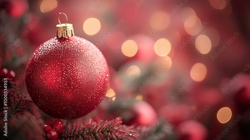 A red ornament with a gold center sits on a tree branch A red ornament with a gold center sits on a tree branch
