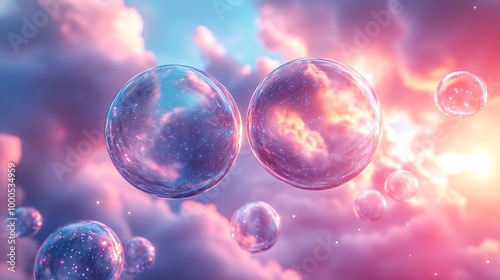 Wallpaper Mural Abstract orbs floating in a vibrant sky, reflecting the clouds and the setting sun. Torontodigital.ca