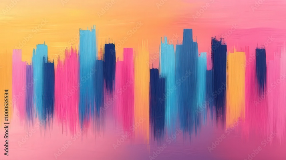 Obraz premium Abstract City Skyline Painting with Vibrant Colors and Brushstrokes