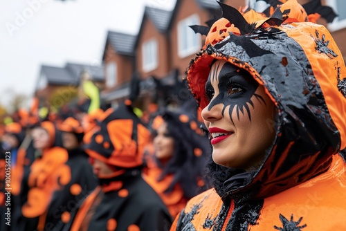 A Halloween parade, with people dressed in a variety of costumes, marching past houses covered in spooky decorations like bats, witches, and spider webs photo