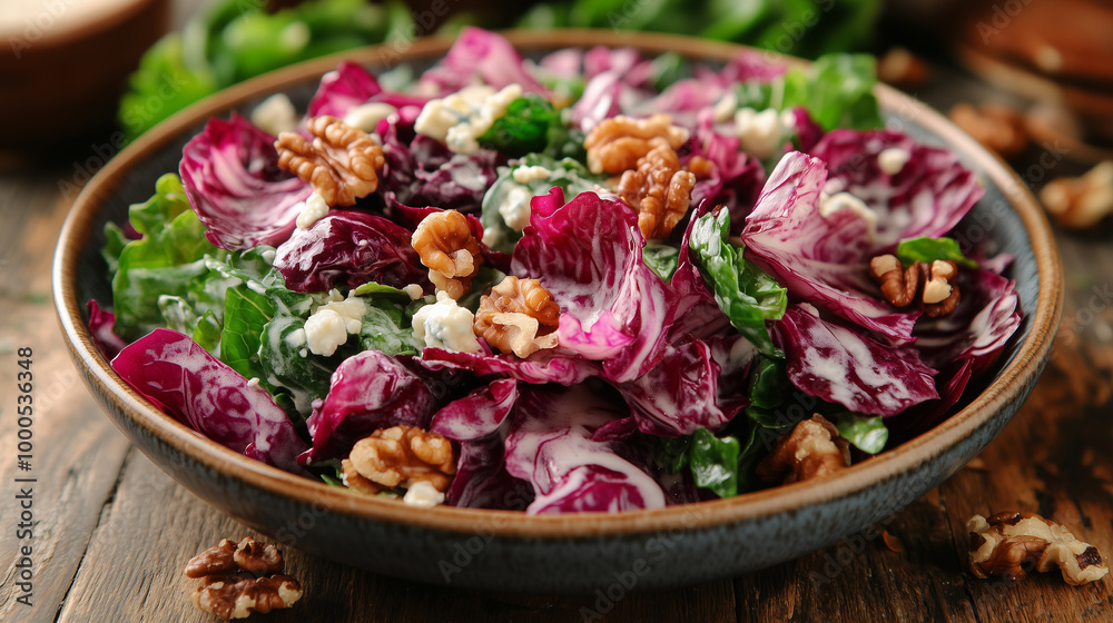 Vibrant Radicchio Salad: A Colorful Mix of Radicchio, Walnuts, and Gorgonzola Cheese Drizzled with Balsamic Vinaigrette Vibrant Radicchio Salad: A Colorful Mix of Radicchio, Walnuts, and Gorgonzola Cheese Drizzled with Balsamic Vinaigrette
