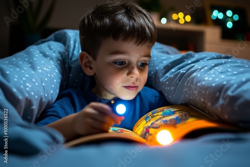 A child reading a storybook under the covers with a flashlight, captivated by the adventures unfolding on the pages photo