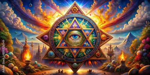 Symbolic representation of Thelema religion with mystical elements and esoteric imagery in harmony photo