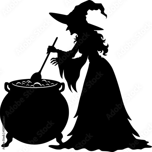 Halloween Witch cooking Cauldron silhouette vector graphic