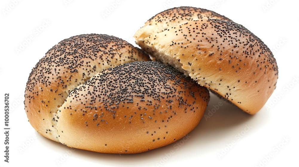 Two poppy seed rolls, one sliced in half, isolated on white. Two poppy seed rolls, one sliced in half, isolated on white.