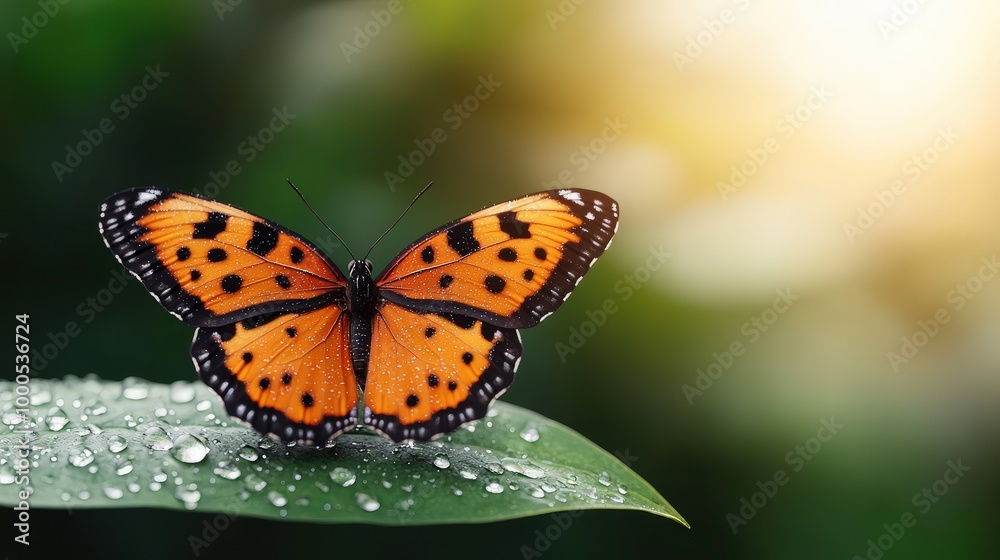 Close up of Vibrant Tropical Butterfly on Leaf with Water Droplets in Lush Jungle Close up of Vibrant Tropical Butterfly on Leaf with Water Droplets in Lush Jungle
