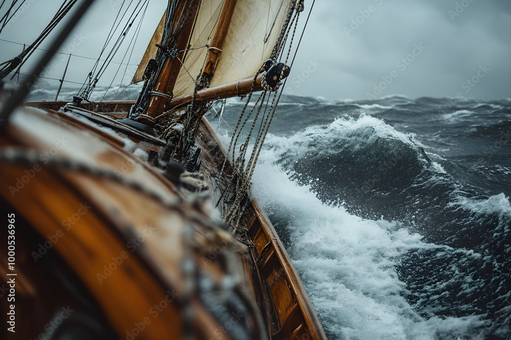 Obraz premium Wooden Sailing Ship Battling Stormy Seas.