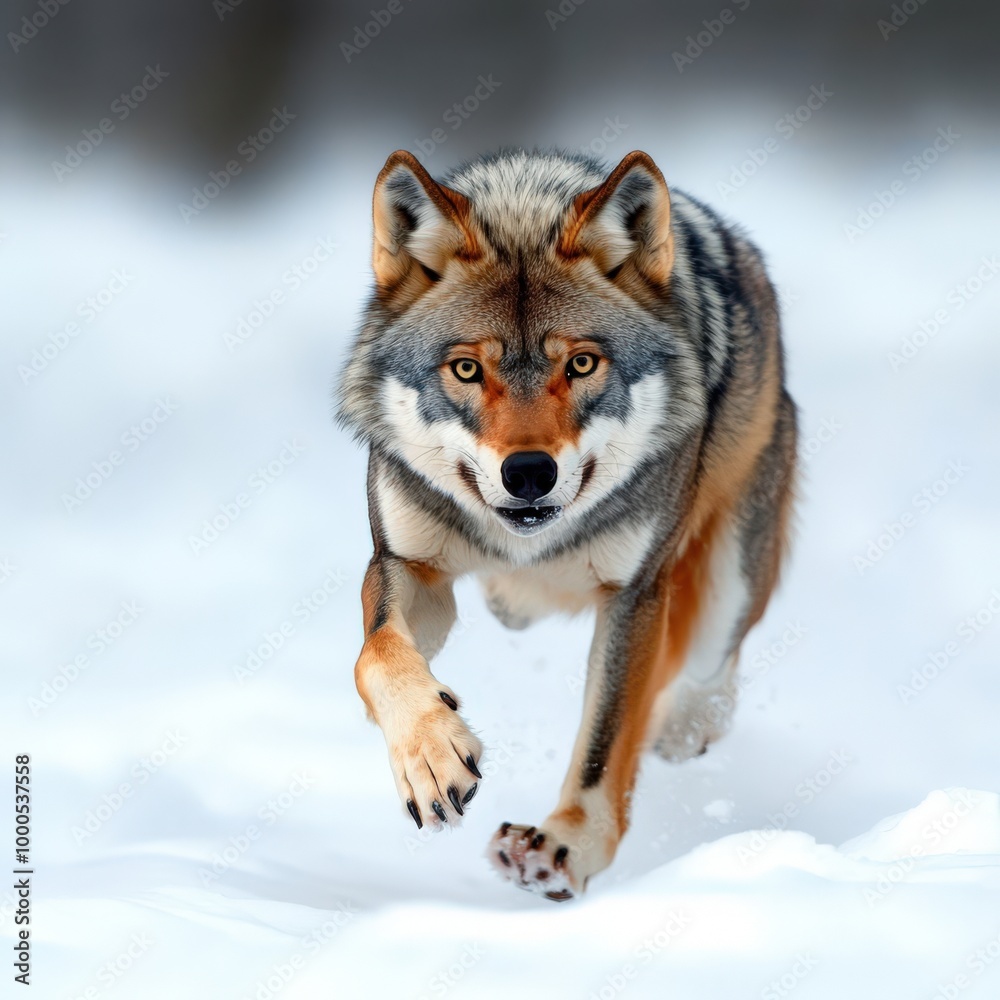 A majestic wolf running gracefully through a snowy landscape, showcasing its beauty and wild spirit in nature's serene environment. A majestic wolf running gracefully through a snowy landscape, showcasing its beauty and wild spirit in nature's serene environment.
