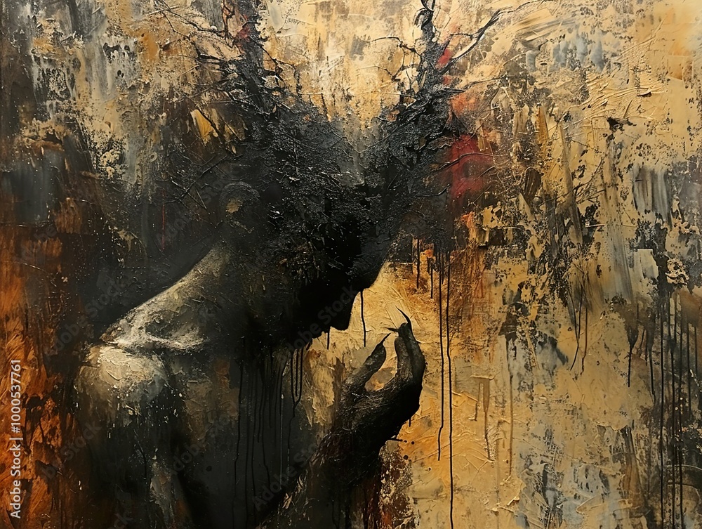 Obraz premium Dark Figure In Distress: A Contemplative Abstract Painting