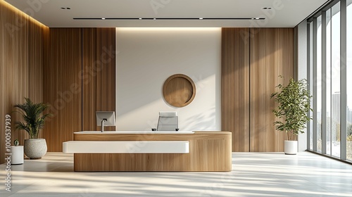 Modern Office Reception Desk with Wood Paneling and Large Window
