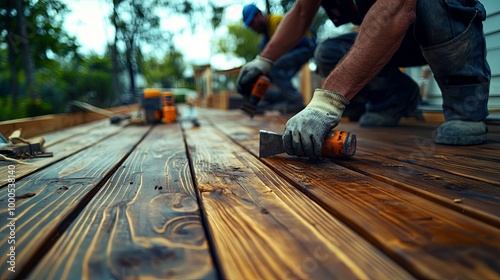 A Worker Using a Power Tool to Sand a Wooden Deck