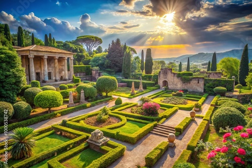 Tranquil Ancient Roman Gardens with Lush Greenery and Classical Stone Structures in Bright Sunlight photo