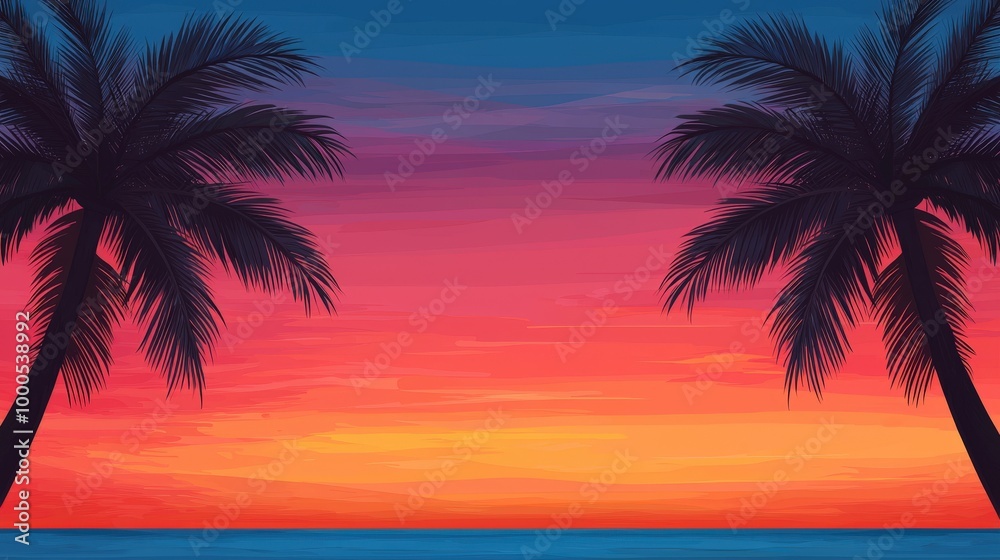 Tropical Sunset with Palm Trees Silhouette on Beach Tropical Sunset with Palm Trees Silhouette on Beach