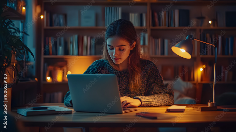 Woman Working Late at Night in Cozy Room