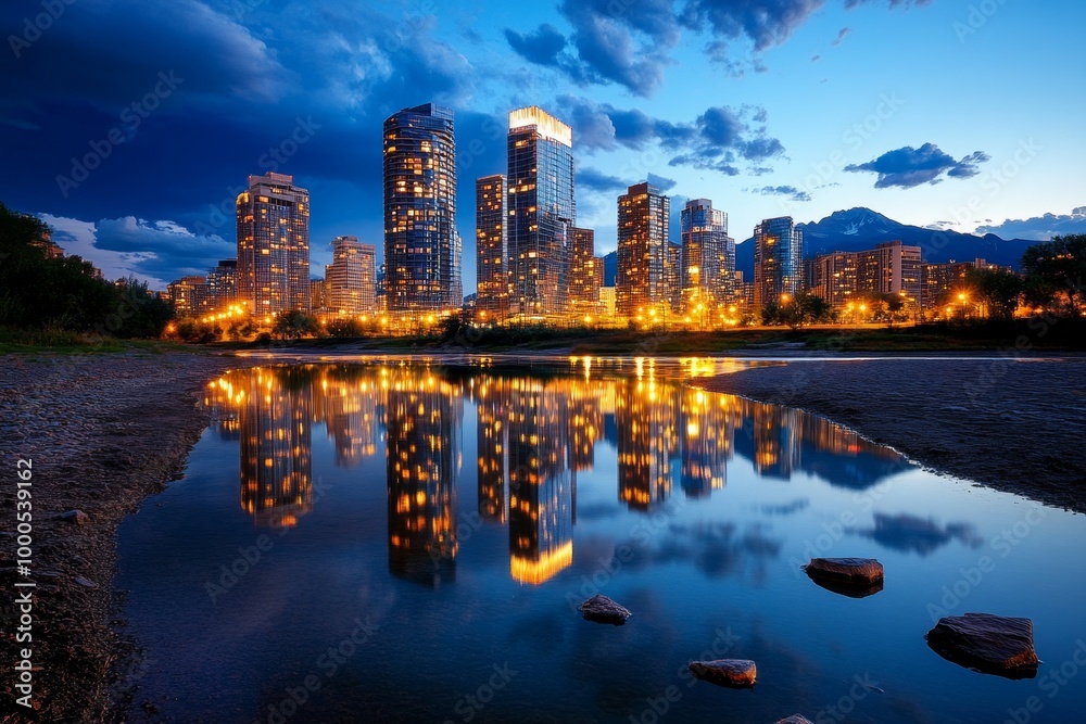 Obraz premium An urban city skyline at night, with skyscrapers lit up against a dark sky, reflecting in a nearby river or lake