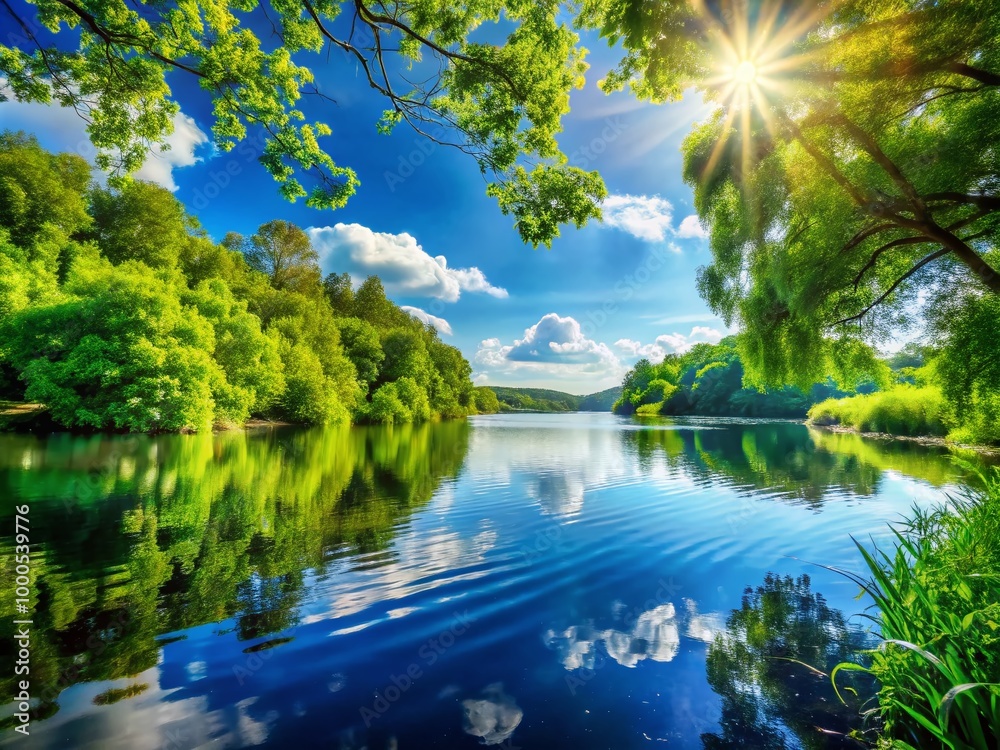 Tranquil Nature Scene with Lush Greenery, Clear Blue Sky and Calm Water Reflecting Serenity Tranquil Nature Scene with Lush Greenery, Clear Blue Sky and Calm Water Reflecting Serenity