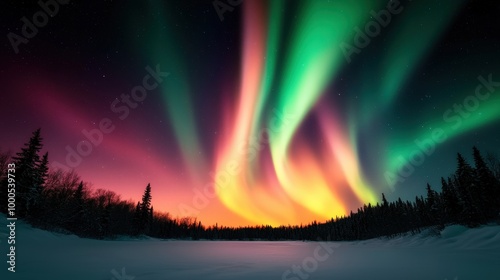 Northern Lights Aurora Borealis Display over Snowy Landscape