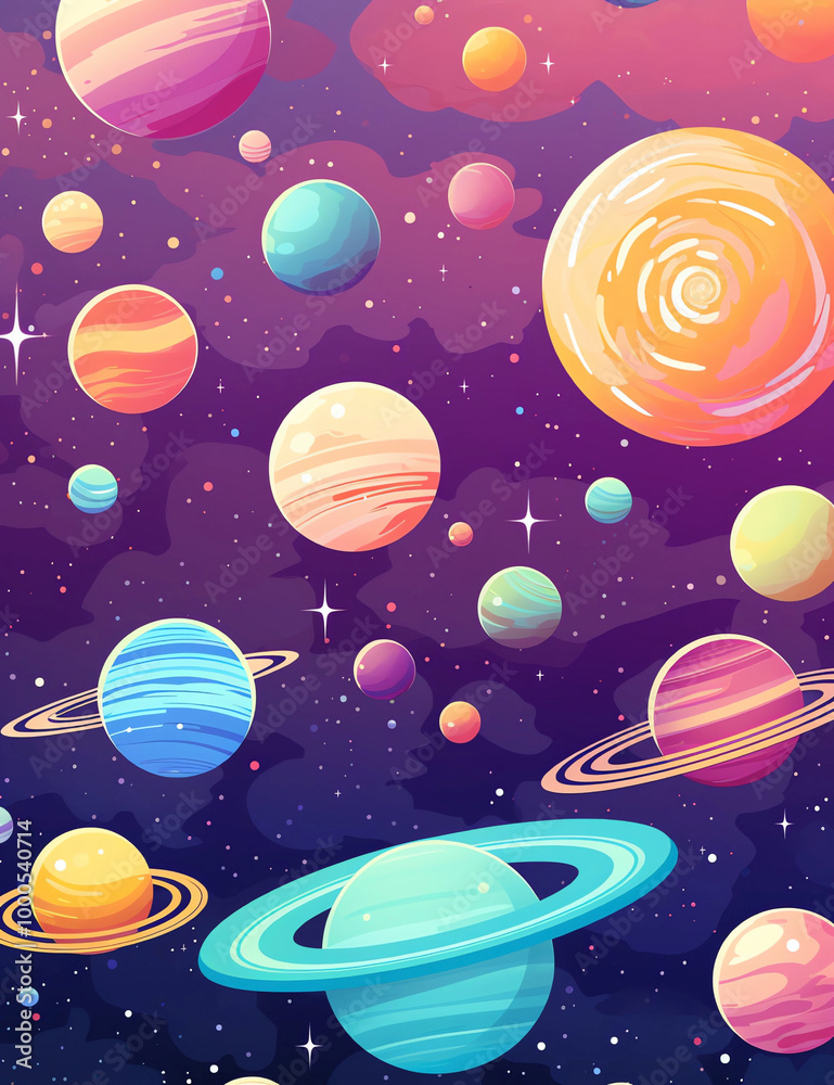 Fototapeta premium Cartoon vector-style landscape view of the solar system, with colorful planets and rings in space